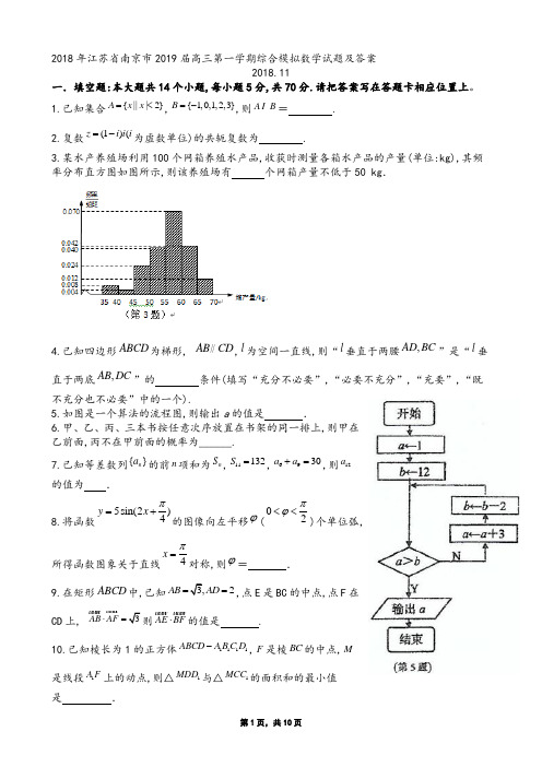 2018年江苏省南京市2019届高三第一学期综合模拟数学试题及答案