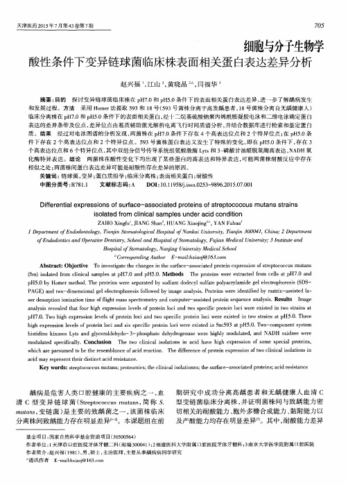 酸性条件下变异链球菌临床株表面相关蛋白表达差异分析