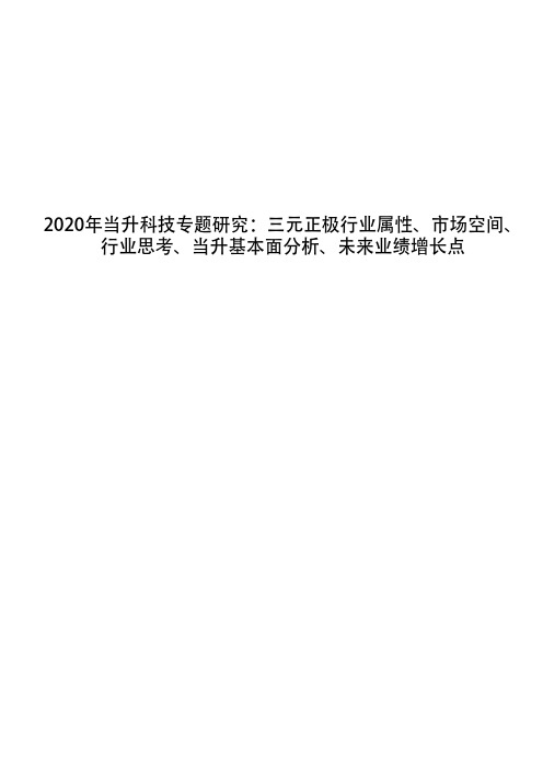 2020年当升科技专题研究：三元正极行业属性、市场空间、行业思考、当升基本面分析、未来业绩增长点
