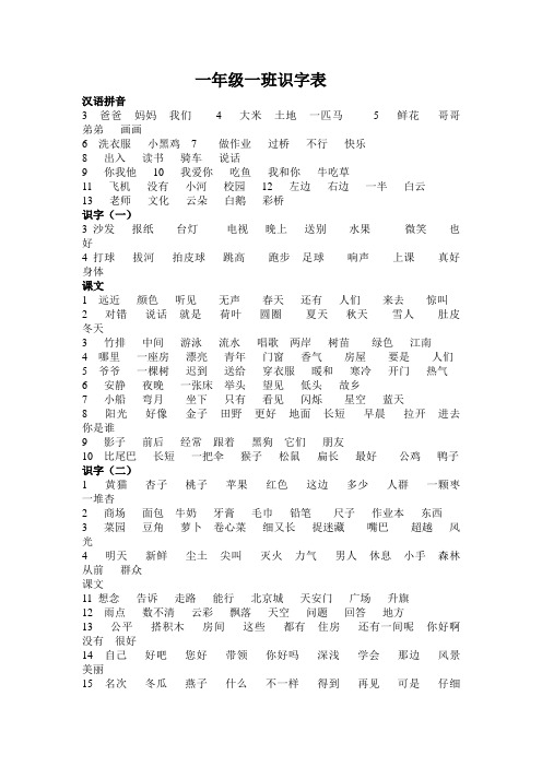 一年级上册生字表