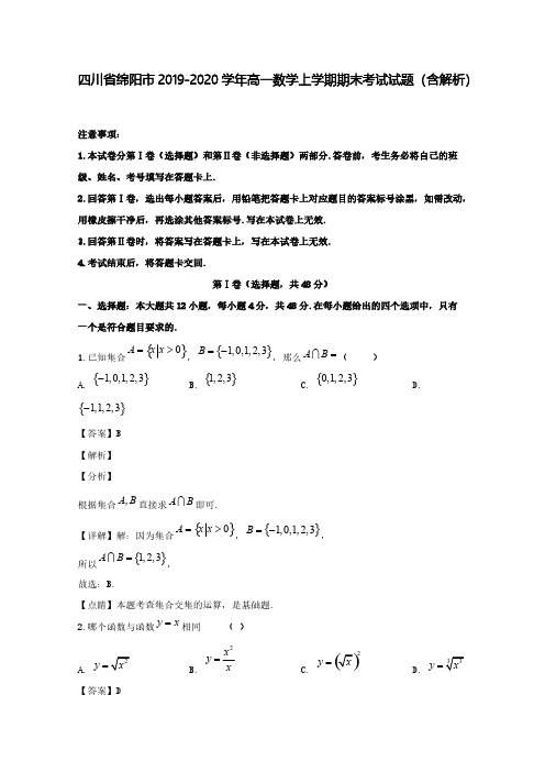 四川省绵阳市2019_2020学年高一数学上学期期末考试试题(含解析)