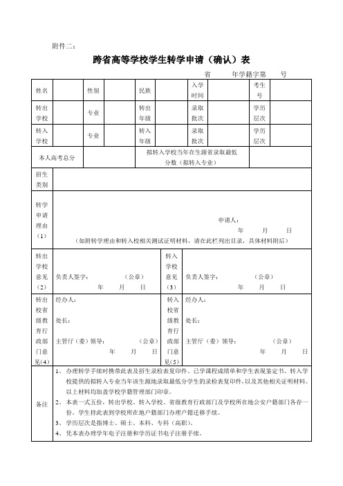 跨省高等学校学生转学申请(确认)表