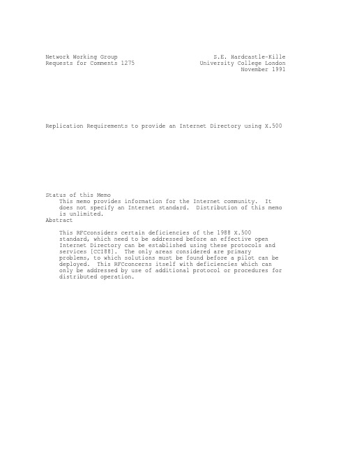rfc1275.Replication Requirements to provide an Internet Directory using X.500