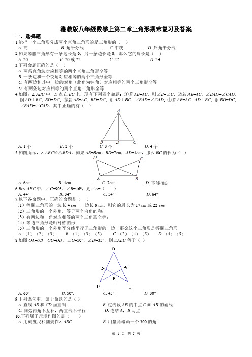 湘教版八年级上册数学第2章 三角形 复习检测(含答案)