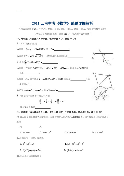 2011年云南省大理市中考数学试题及答案