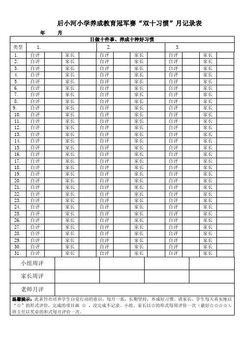 后小河小学养成教育冠军赛记录表
