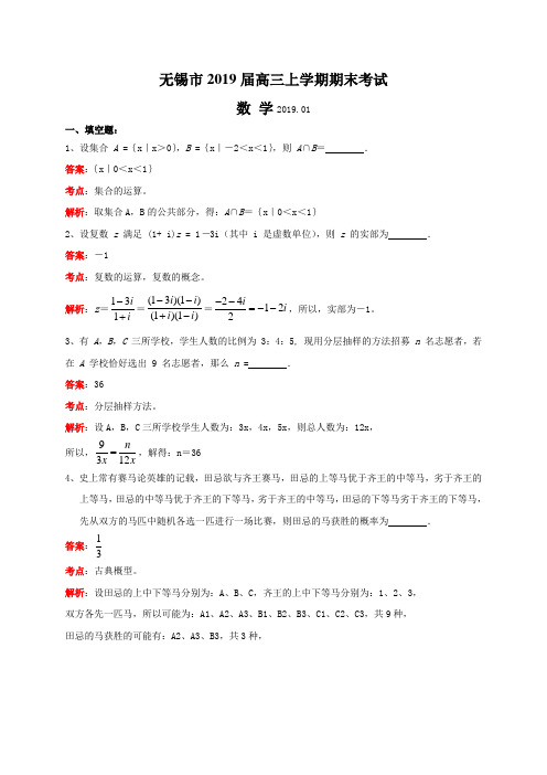 江苏省无锡市2019届高三上学期期末考试数学试题(解析版)Word版
