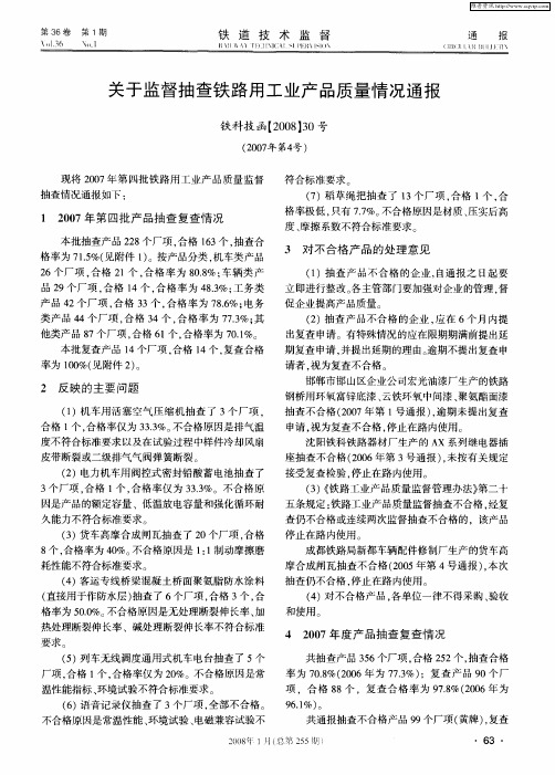 关于监督抽查铁路用工业产品质量情况通报 铁科技函[2008]30号