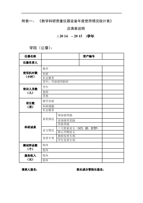 附表一《教学科研贵重仪器设备年度使用情况统计表》