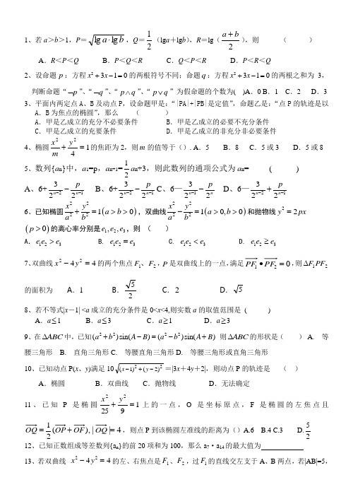 2015高二文科数学上学期期末试卷及答案