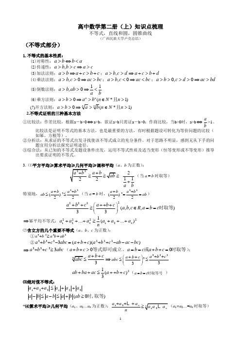高中数学第二册(上)知识点梳理  第六章不等式 第七章 直线和园 第八章圆锥曲线