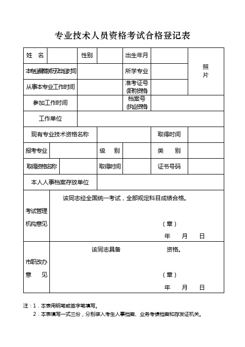 护士专业技术人员考试合格登记表