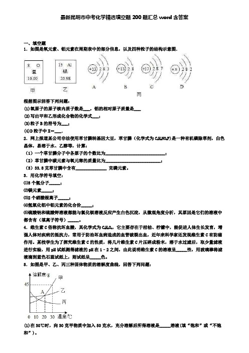 最新昆明市中考化学精选填空题200题汇总word含答案