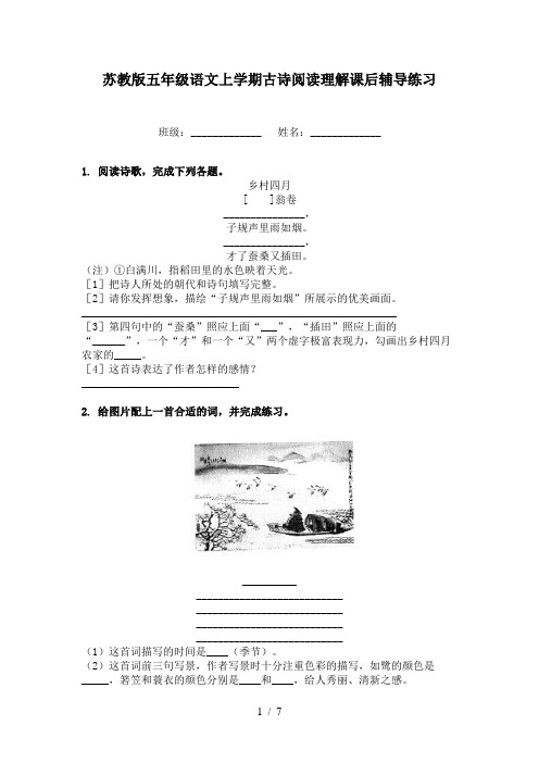 苏教版五年级语文上学期古诗阅读理解课后辅导练习