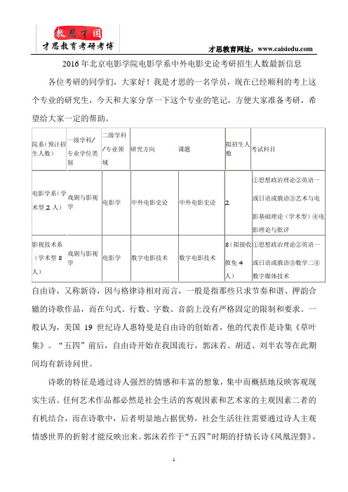 2016年北京电影学院电影学系中外电影史论考研招生人数最新信息