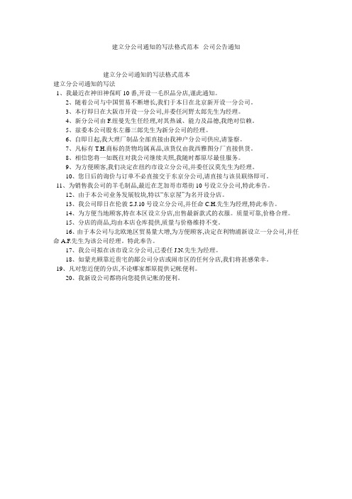建立分公司通知的写法格式范本--公司公告通知