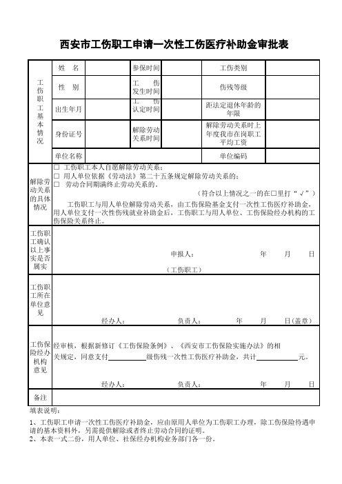 西安市工伤职工申请一次性工伤医疗补助金及护理费模板
