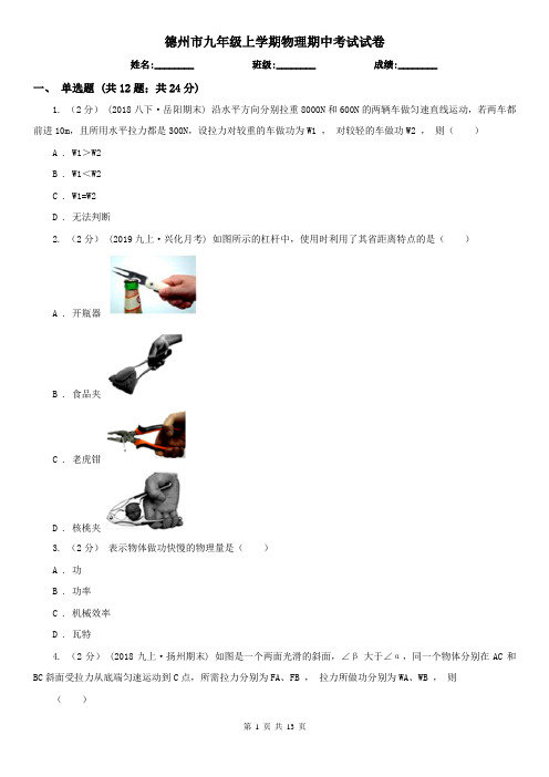 德州市九年级上学期物理期中考试试卷