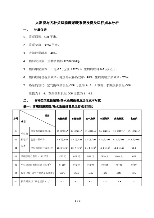 太阳能与各种类型能源采暖系统投资及运行成本分析