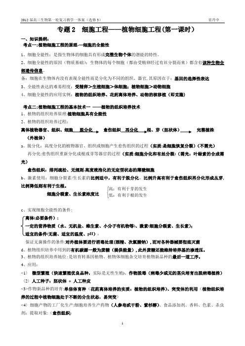 2012届高三生物第一轮复习教学一体案(选修3)--细胞工程