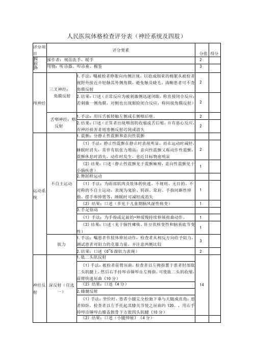 体格检查技术操作考核评分标准(神经系统及四肢)