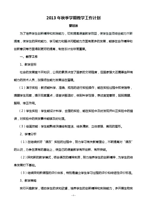 2013年教师个人教育教学工作计划