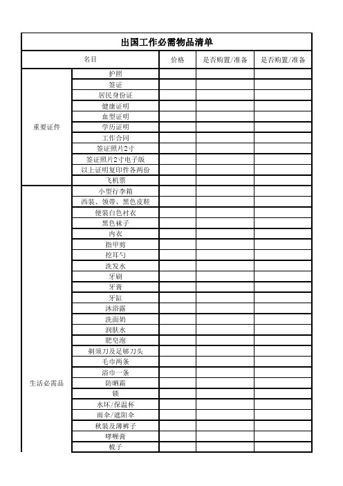 出国工作必需物品清单(男士)