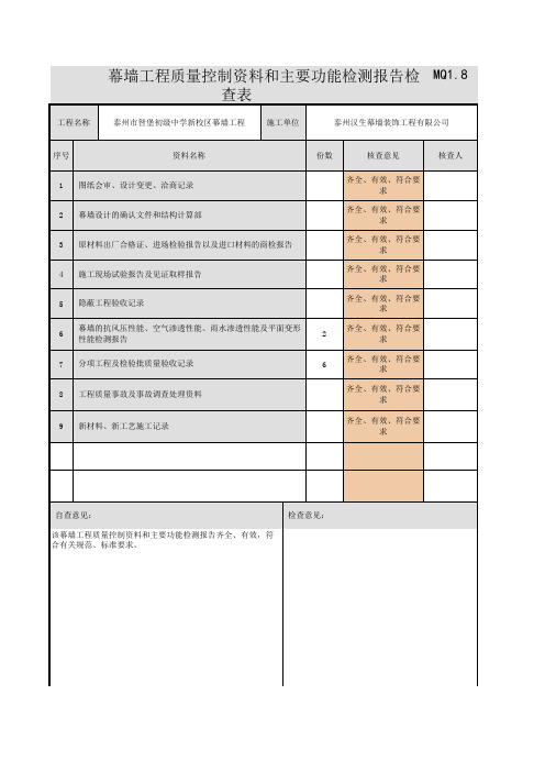 001-MQ1_8_幕墙工程质量控制资料和主要功能检测报告检查表