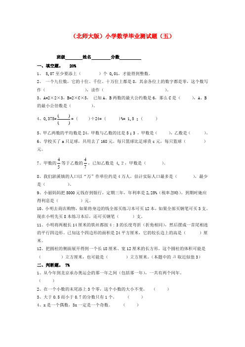 六年级数学 小学毕业测试题(五)(无答案) 北师大版