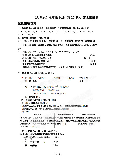(人教版)九年级下册：第10单元 常见的酸和碱检测题答案