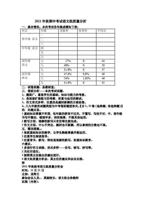2011年秋期中考试语文组质量分析