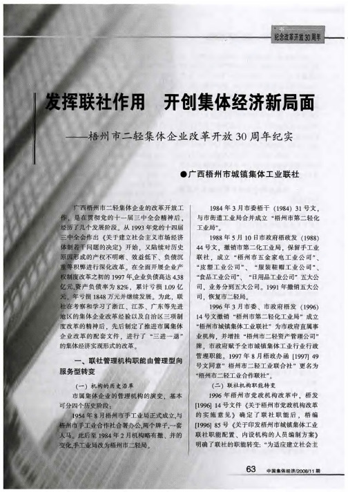 发挥联社作用 开创集体经济新局面--梧州市二轻集体企业改革开放30周年纪实