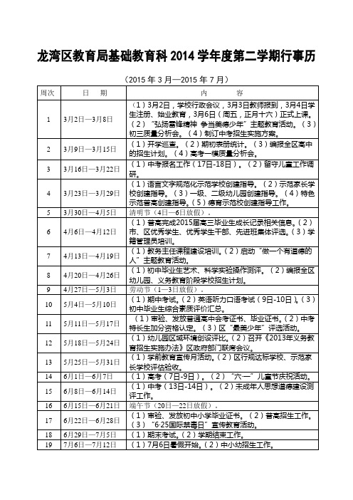 2014学年度第二学期行事历(基教)