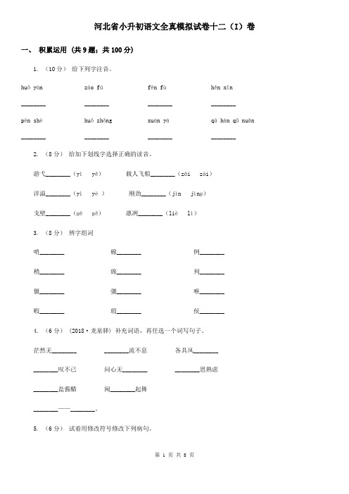 河北省小升初语文全真模拟试卷十二(I)卷