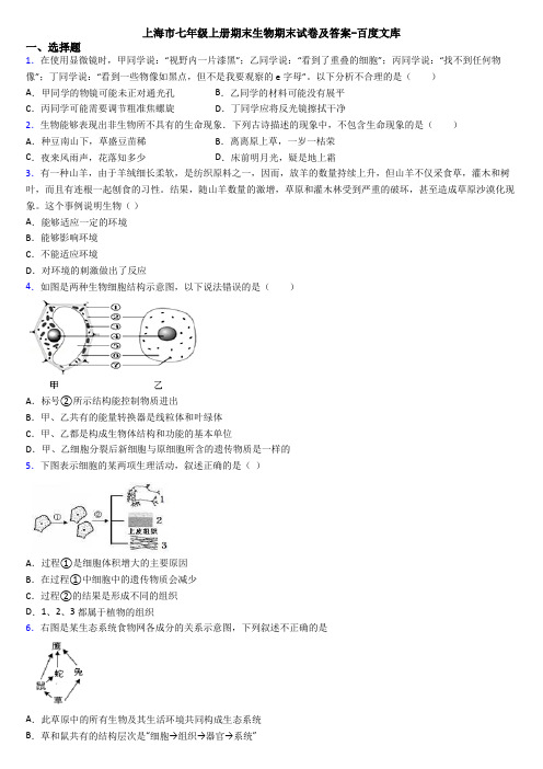 上海市七年级上册期末生物期末试卷及答案-百度文库