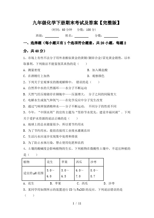 九年级化学下册期末考试及答案【完整版】