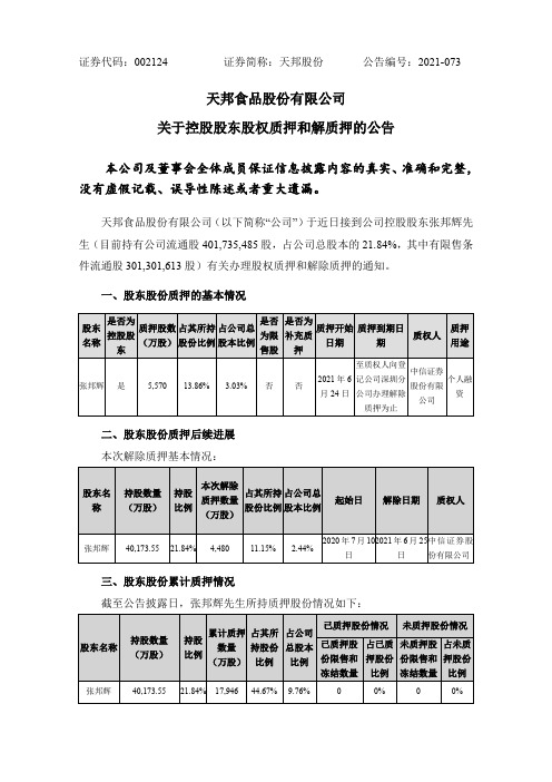 002124天邦股份：关于控股股东股权质押和解质押的公告
