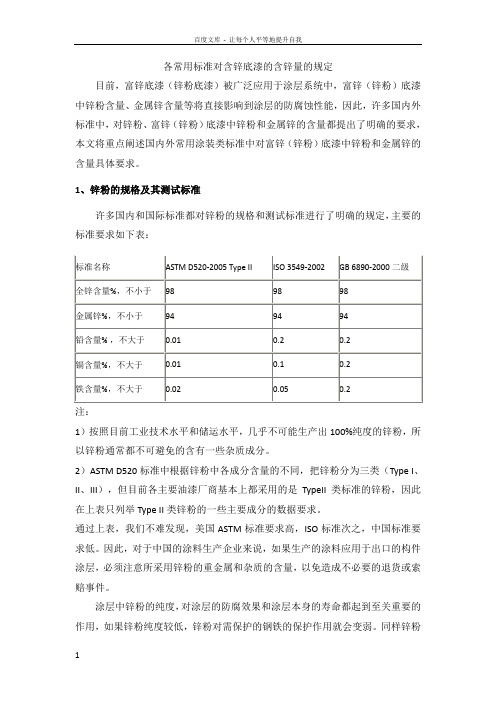 各常用标准对含锌底漆的含锌量的规定