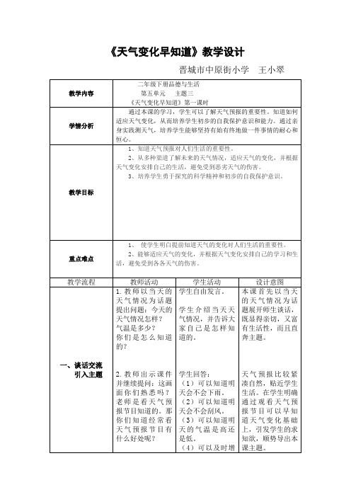 2015春冀教版品生二下《天气变化早知道》word教学设计