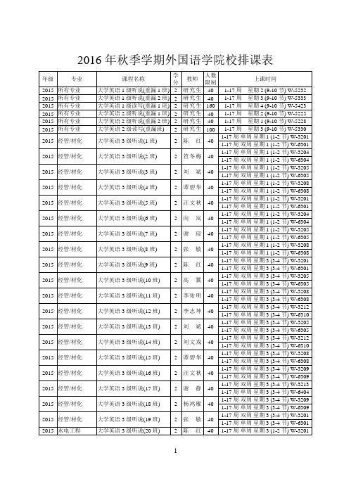 2016年秋季学期外国语学院校排课表