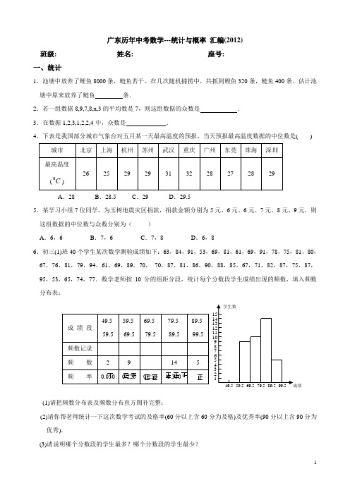 广东历年中考数学---统计与概率 汇编(2012)