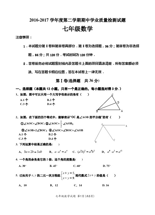 七年级2016-2017学年度下学期期中质量检测七年级数学试题