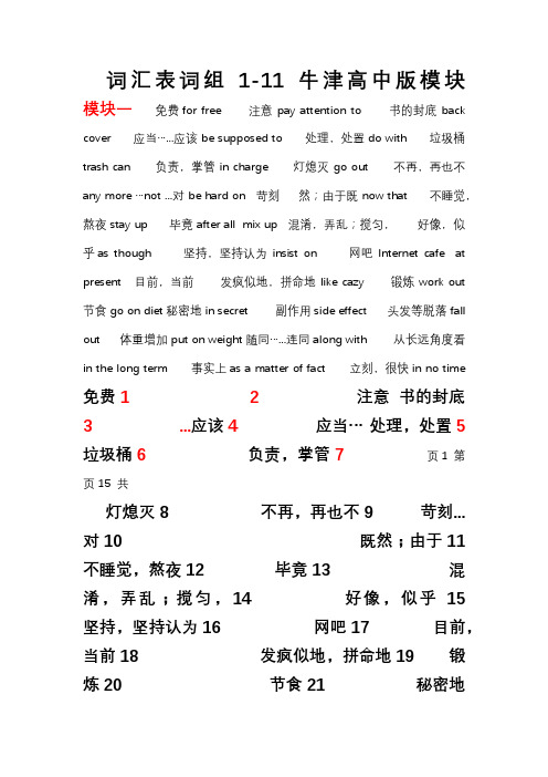 牛津版高中英语模块1-11词汇表词组汇总