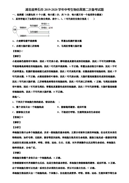 湖北省黄石市2019-2020学年中考生物仿真第二次备考试题含解析