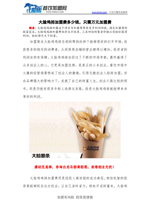 大脸鸡排加盟费多少钱,只需万元加盟费