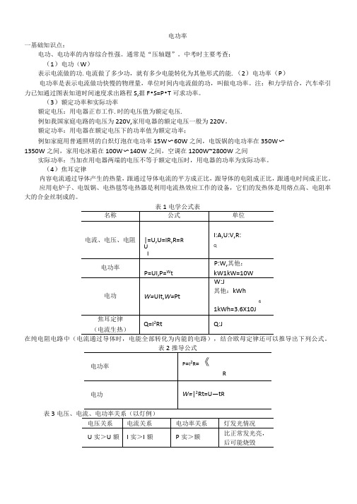 初中物理电功率知识点习题大全带答案