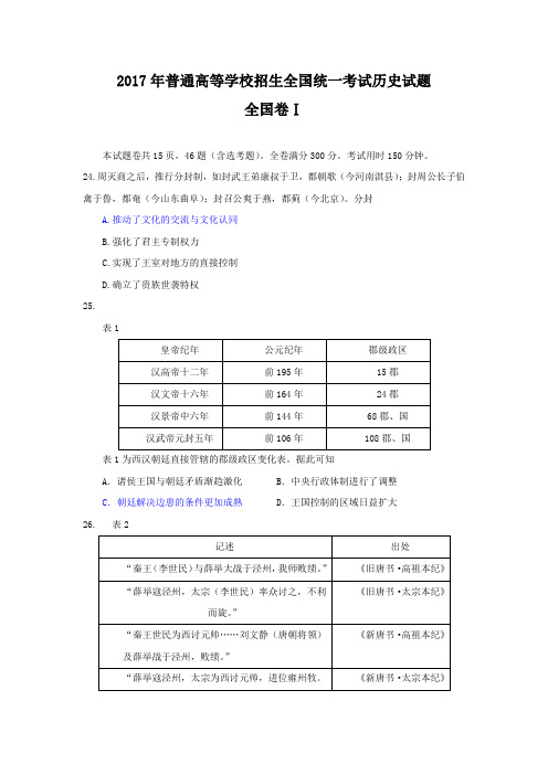 2017年全国高考文综试题(历史部分)及答案-全国卷1,全国卷2,全国卷3