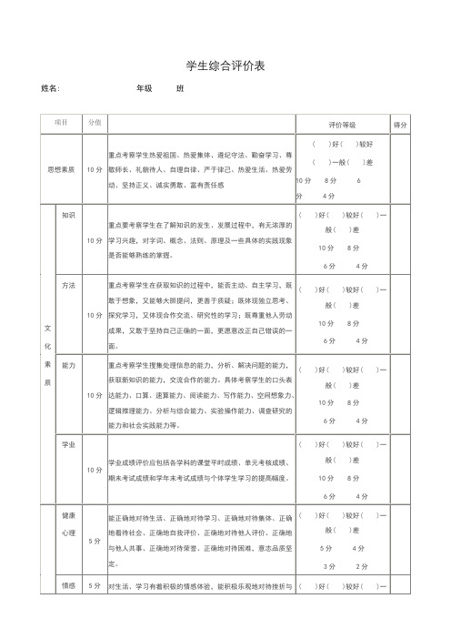 学生综合评价表