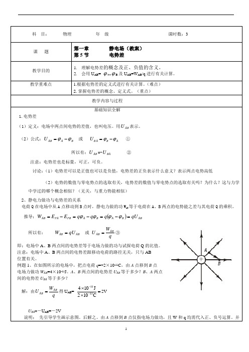 高中物理电学精讲：电势差