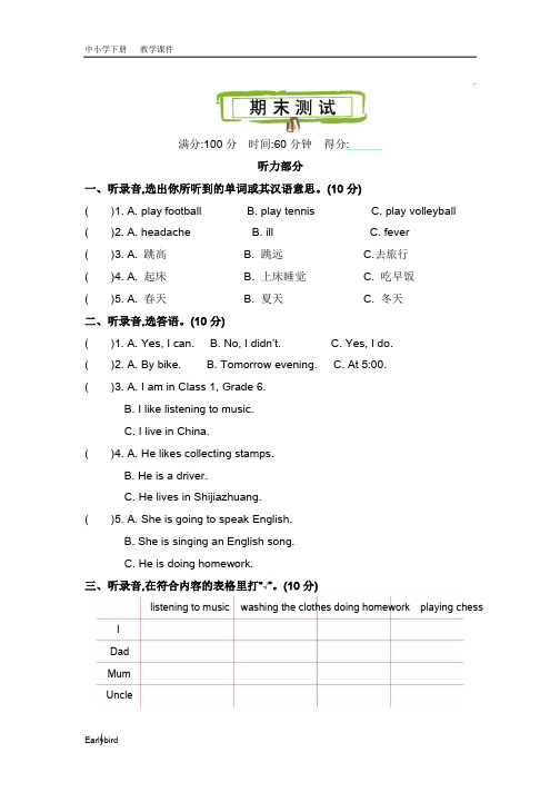 2020春精通版六年级英语下册课件- 期末测试(001)